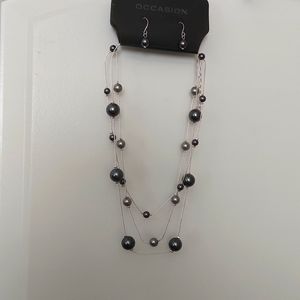 Faux Grey Pearl Necklace and Matching Earrings